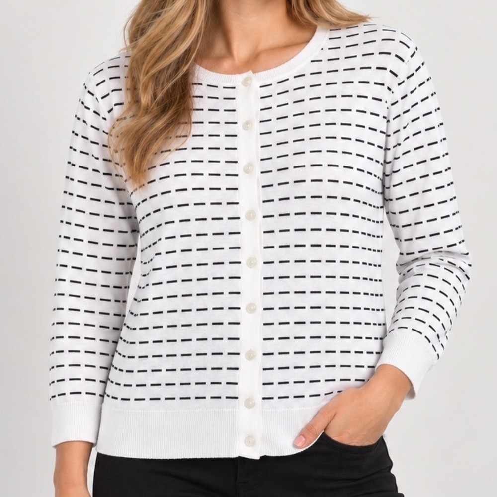 Cable & Gauge White Black Dash Stripe Cardigan XL Minimalist Preppy Knit